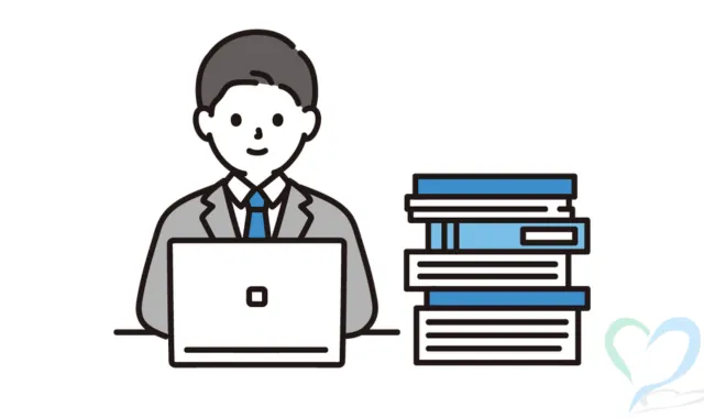 パソコンや大量の資料を使って情報収集をする探偵のイラスト