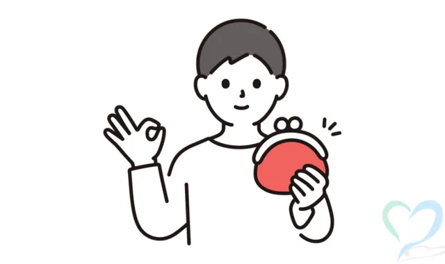 赤い財布を片手にこちらにOKサインを出す男性