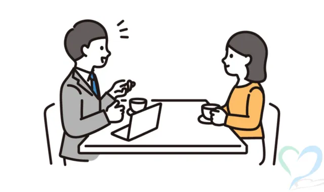 聞き込みをする探偵と笑顔で応じる女性のイラスト